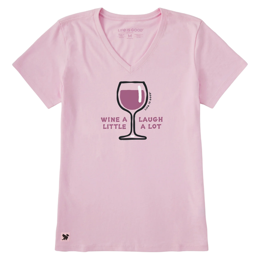 Pink t-shirt with a wine glass graphic and text on a white background