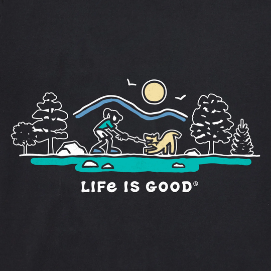 Black T-shirt with a Life is Good graphic of a person tugging a dog by a lake and the text "LIFE IS GOOD"