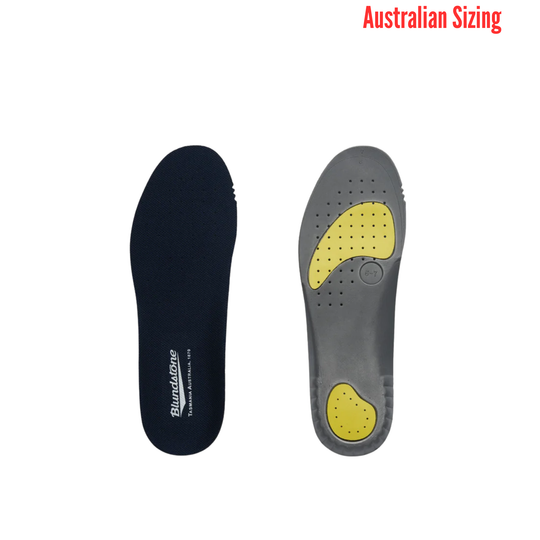 Two shoe insoles, one black and one gray with yellow accents, on a white background.