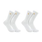 Four pairs of white socks with a small logo on a white background