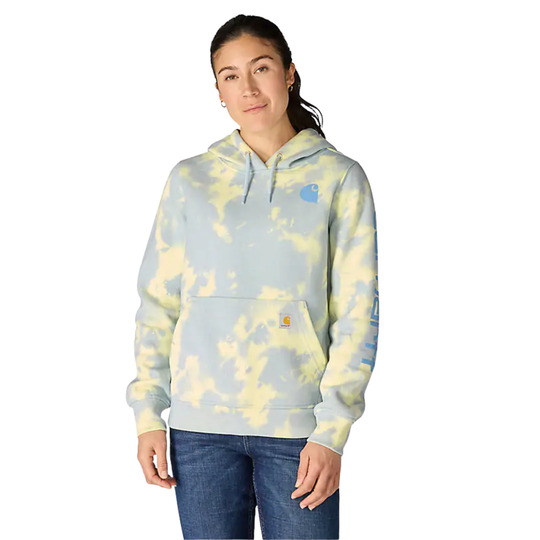 Person wearing a tie-dye hoodie with a visible brand logo on a white background