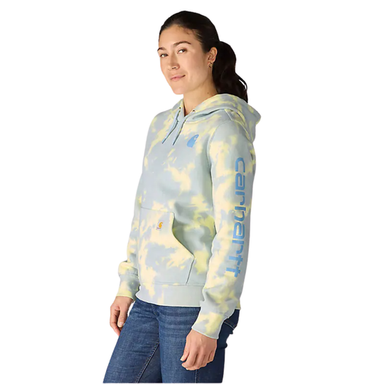 Light blue and yellow tie-dye pullover hoodie with Carhartt logo on the chest and sleeve