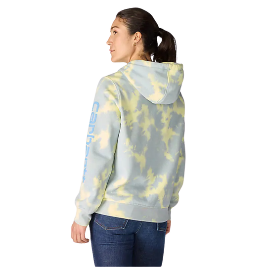 Person wearing a tie-dye hoodie with a visible brand logo on a white background
