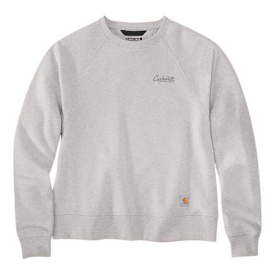 Light gray crewneck sweatshirt with long sleeves and small chest logo patch