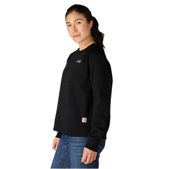 Person wearing a black sweatshirt with a logo on a white background