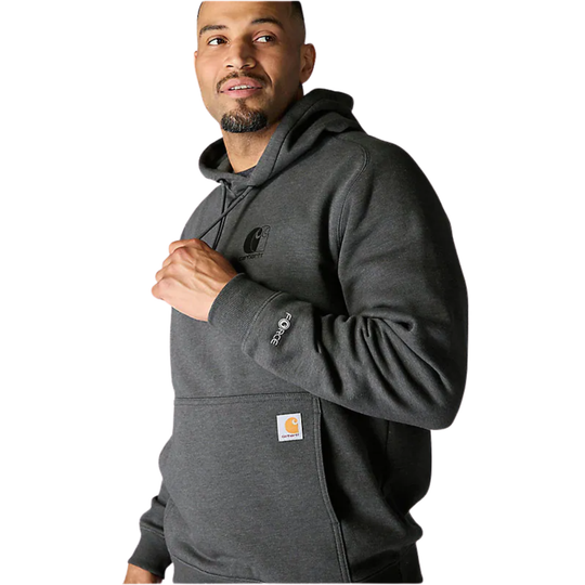 Man wearing a gray hoodie with a visible brand logo on a white background
