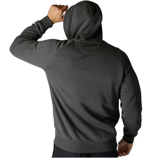 Person wearing a gray hoodie from behind on a white background