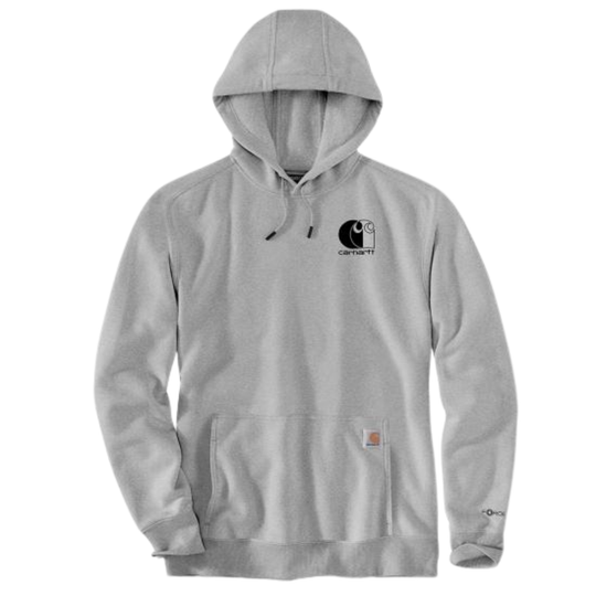 Light gray pullover hoodie with a front pocket, drawstrings, and a small chest logo