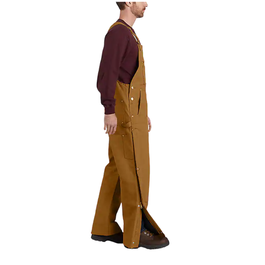 Man wearing a brown leather apron over a dark shirt on a white background