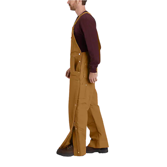 Person wearing a brown bib overalls on a white background