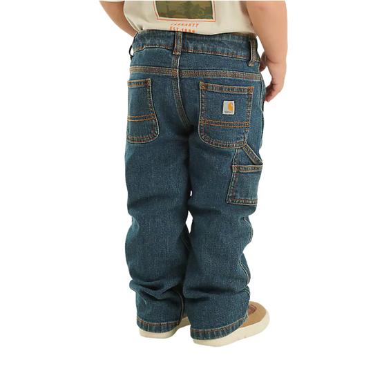 Blue jeans with a visible brand logo on a white background