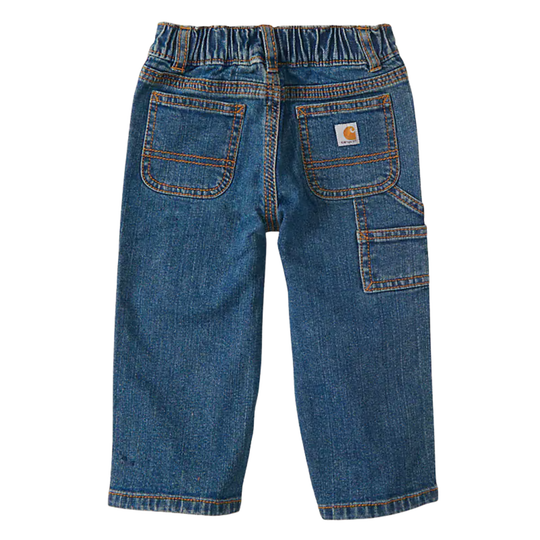 Blue denim infant pants with large front and back patch pockets and orange contrast stitching