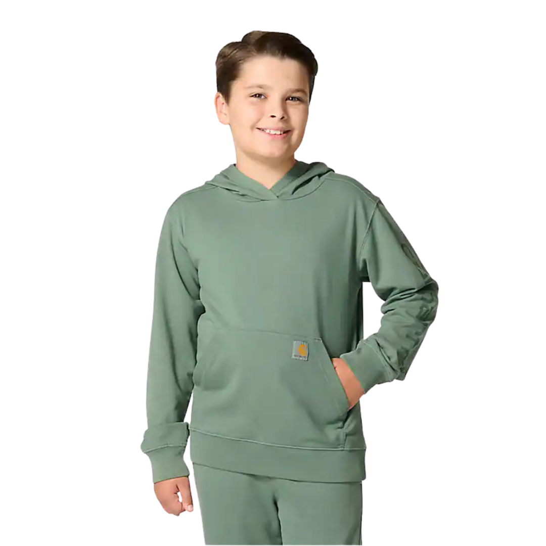 Child wearing a green hoodie on a white background
