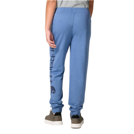 Blue sweatpants with a logo on a white background