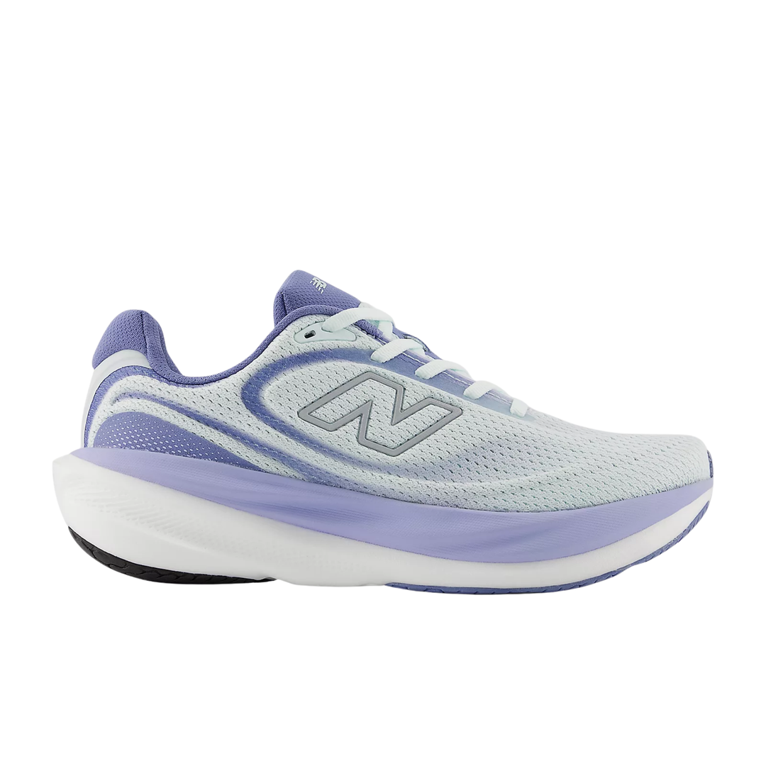 White and purple running shoe with New Balance logo on a white background