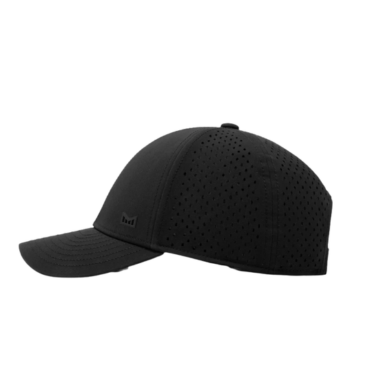 Black baseball cap with perforated design on a white background