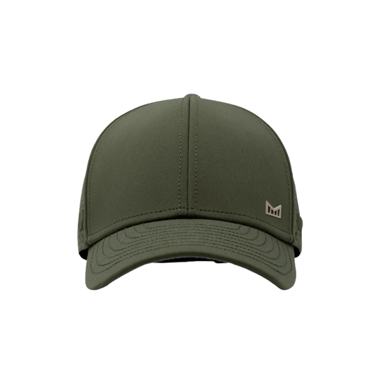 Green baseball cap with a logo on a white background