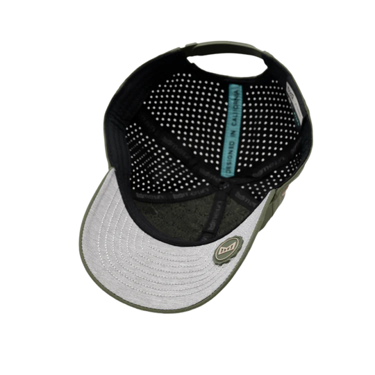 Black and gray cap with mesh design on a white background
