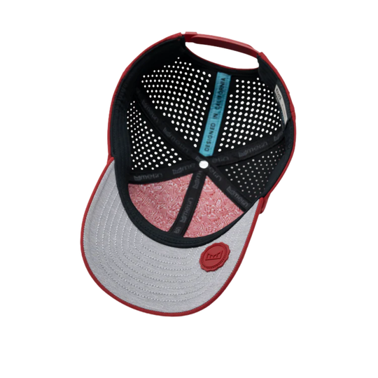 Baseball cap with red, gray, and black design on a white background