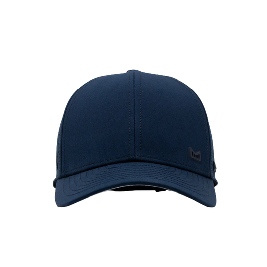 Navy blue cap with a small logo on a white background