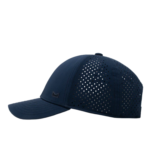 Navy blue cap with perforated design on a white background