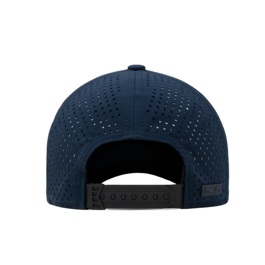 Navy blue cap with perforated design on a white background