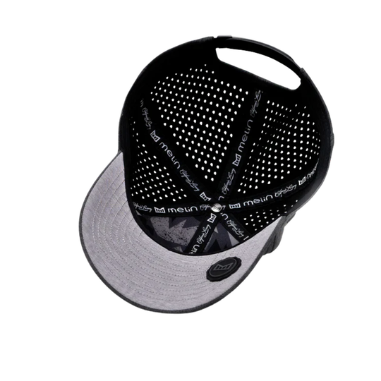 Black and gray cap with branding on a white background