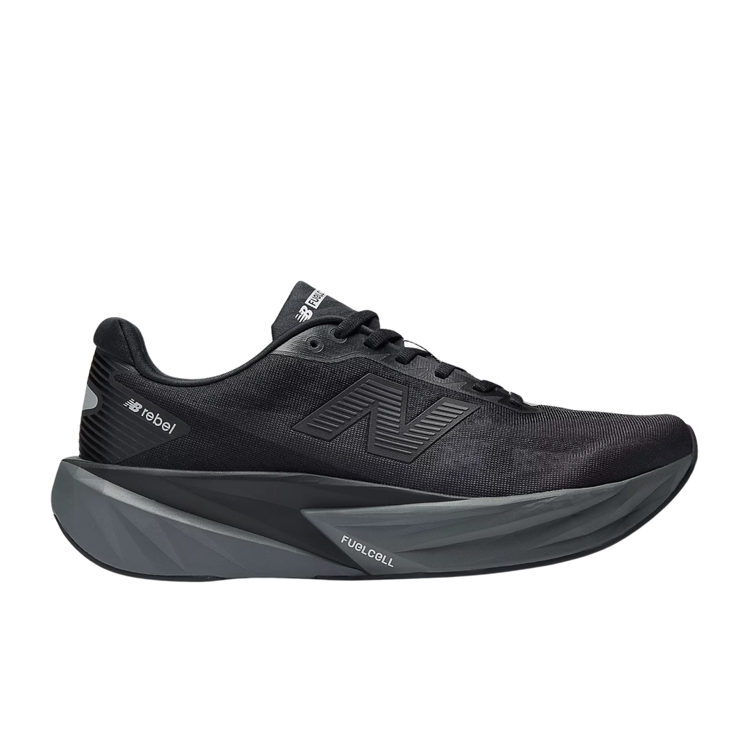 Black running shoe with visible branding on a white background