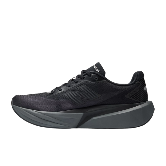 Black athletic shoe with a gray sole on a white background
