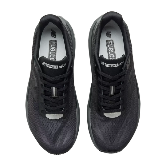 Black running shoes shown from above with lace-up uppers and FUELCELL branding on the insoles and tongue