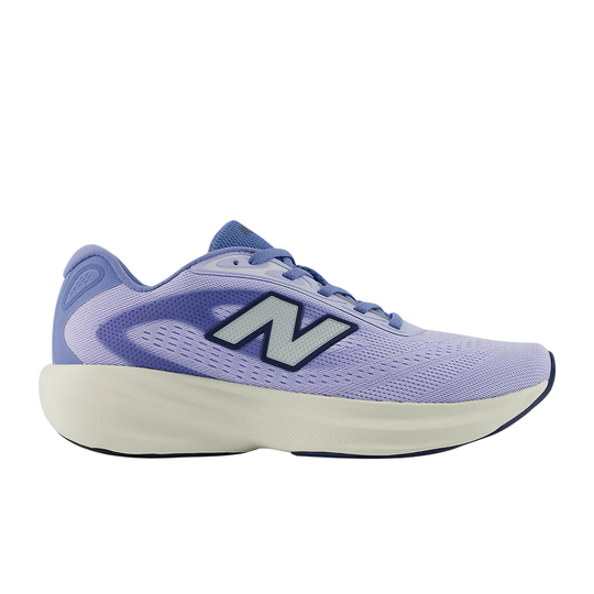 Light purple and blue running shoe with a white cushioned midsole and large side logo