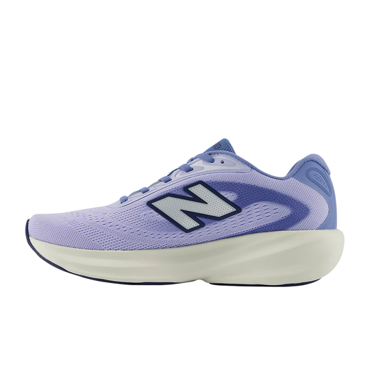 Lavender and blue New Balance running shoe in side view with white midsole and large side logo