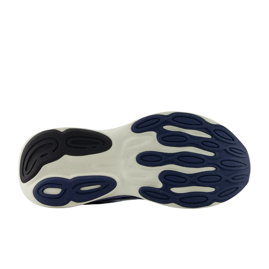 Close-up of a shoe sole with a white and blue design on a white background