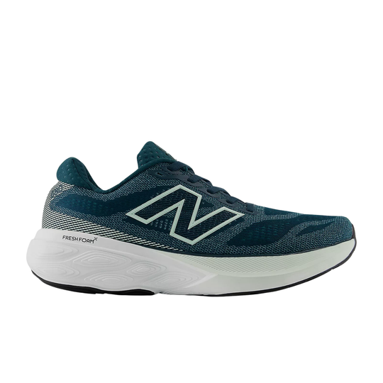 Navy running shoe with white sole on a white background