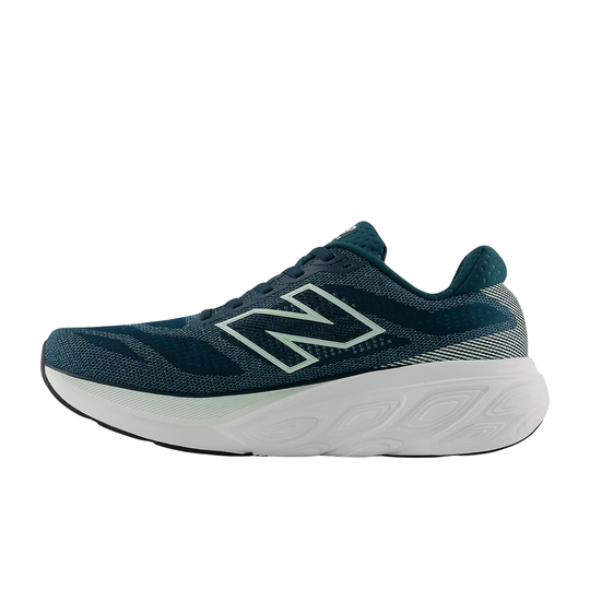 Blue running shoe with white sole on a white background