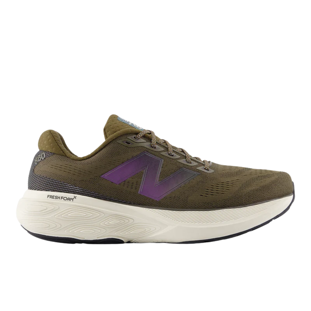 Brown running shoe with purple logo on a white background