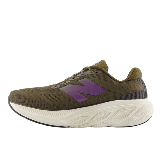 Brown running shoe with purple logo on a white background