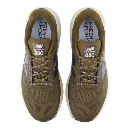 Pair of olive brown running shoes with white soles, braided laces, and "Fresh Foam" printed on the insoles