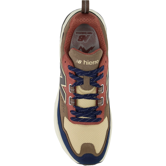 Sneaker with red, blue, and beige color scheme on a white background
