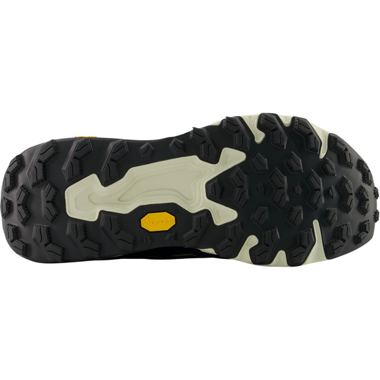 Close-up of a black and white sole with a yellow dot on a white background