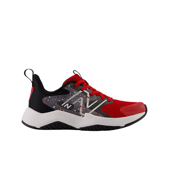 Red, black, and gray kid's athletic sneaker with mesh upper, white midsole, and visible N logo