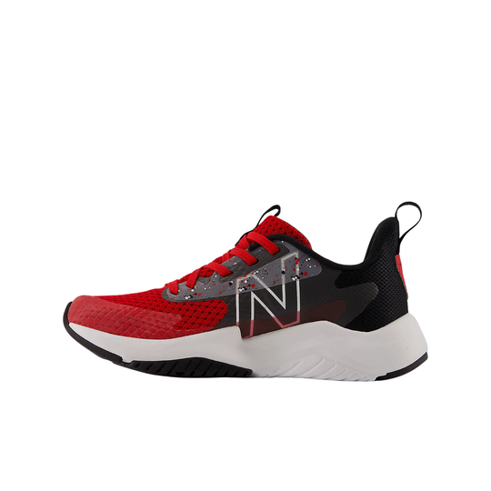 Red and black athletic sneaker with white sole, laces, and large side N logo
