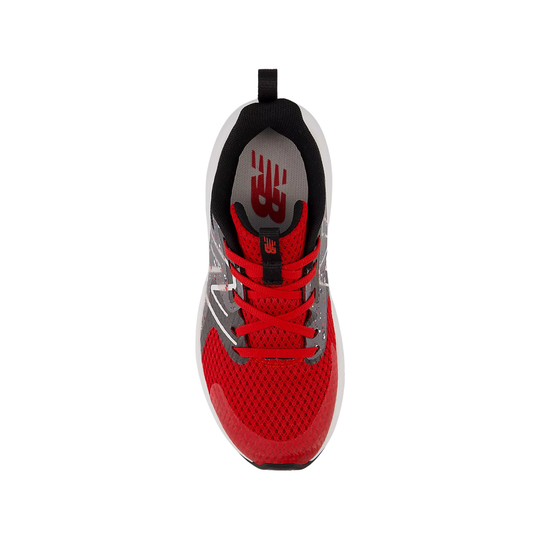 Red and black kids' running shoe viewed from above with mesh upper, laces, and heel pull tab