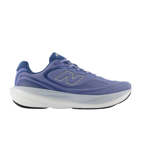 Lavender-blue running shoe with a white midsole and New Balance logo, shown in side profile.