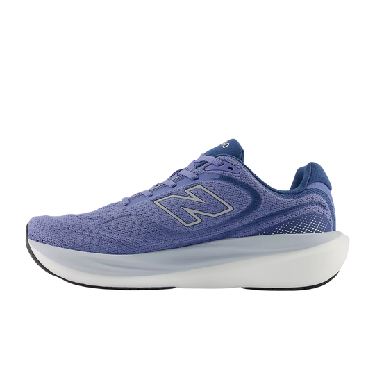 Blue running shoe with large side logo and thick white midsole, shown in profile on a white background