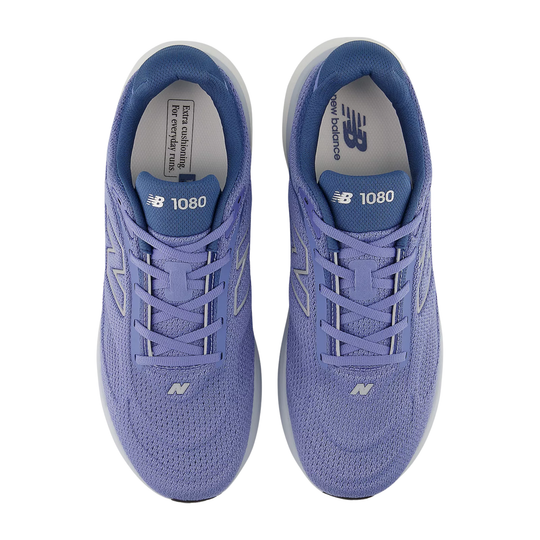 Pair of lavender running shoes with laces, white soles, and visible New Balance 1080 branding
