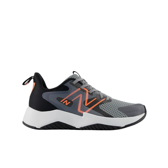 Gray and black running shoe with orange accents on a white background
