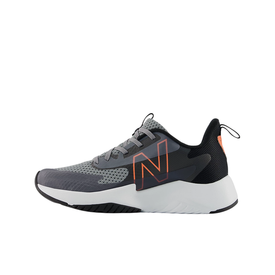 Gray and black athletic shoe with orange accents on a white background