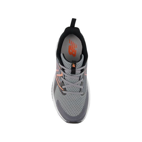 Gray athletic shoe with orange accents on a white background