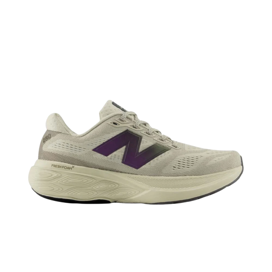 Beige running shoe with purple logo on a white background